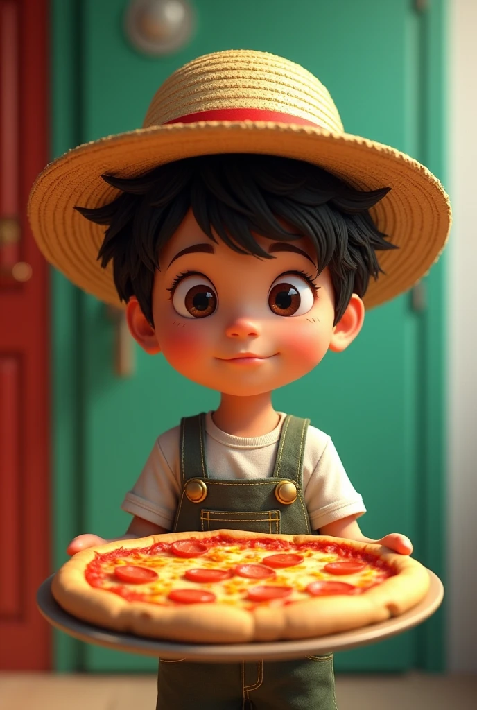 a dark-haired boy with short hair holding a pizza with a straw hat on his head, with the backdrop of green, red and white colors