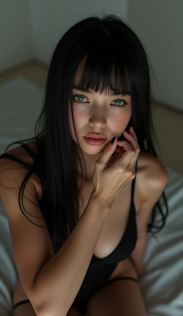 A submissive woman kneeling on the floor is looking at me while in first person view I caress her face, she has long straight black hair bangs on her forehead and green eyes she wears a simple black outfit ((First person view)) as if I myself was standing in front of her stroking her face.