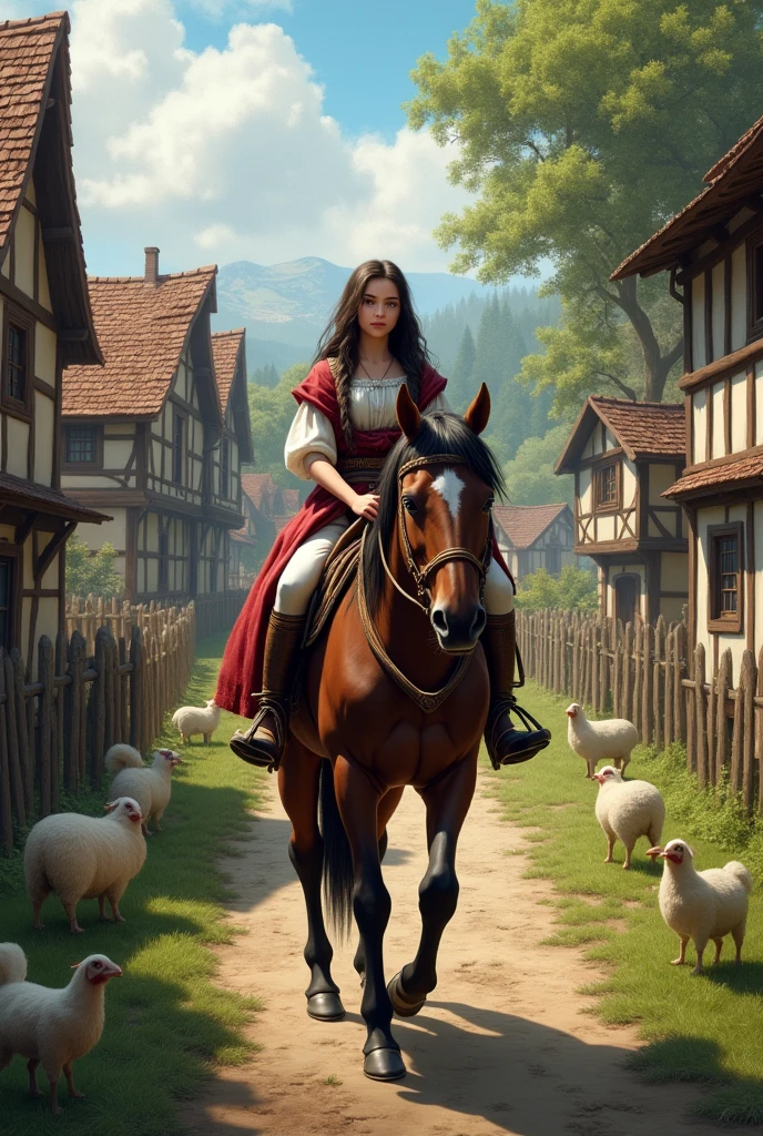 medieval village young woman riding horse animals fences houses trees 