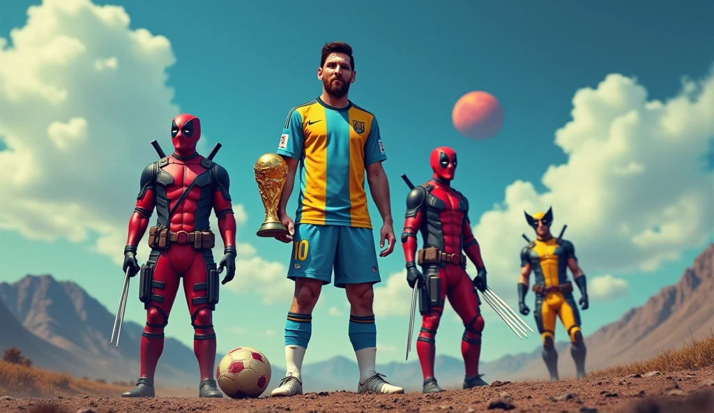 Generate an image showing Lionel Messi wearing the Argentina shirt next to the red Deadpool and the yellow Wolverine, The landscape must include an apocalypse or the end of the world and mountains in the background., under a blue sky with some fluffy clouds and a red moon . Messi must have the ball on his left foot and also have the World Cup in his right hand.. While Deadpool is doing funny poses as he knows how to do and Wolverine is next to Messi but not so close, about 50cm away and not so close