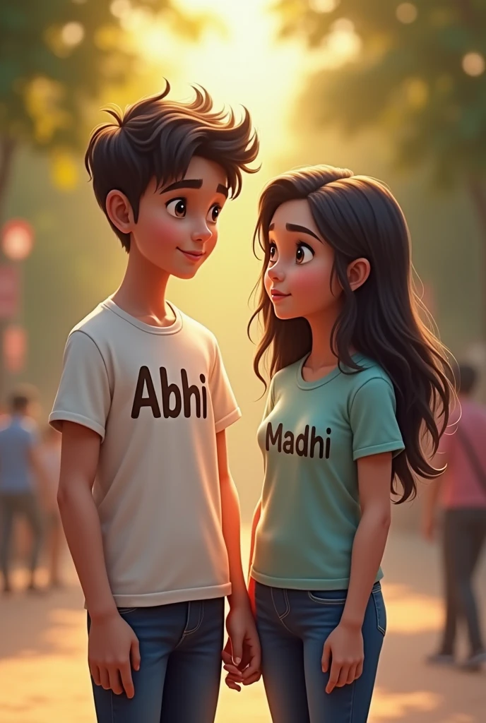 A boy standing with girl,
Boy t shirt name Abhi, girl t shirt name Madhi boy age 20 , girl age 20