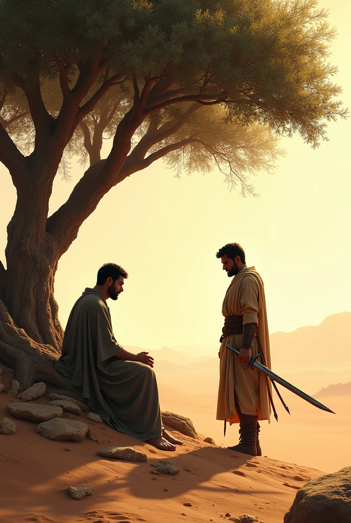A man sits under a tree in the desert while another man stands with a sword in his hand asking for forgiveness