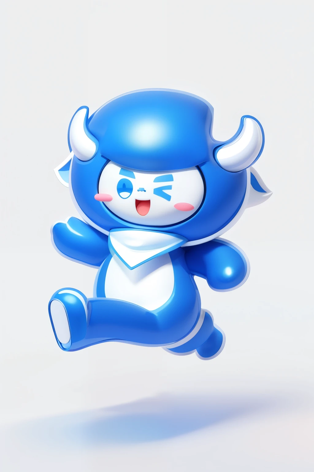 A cute blue cartoon mascot with blue and white color scheme, white face, two horns on its head, wearing a triangular scarf, smiling with its mouth open, jumping in the air, simple background, white background, simple lines and Shaped character design surreal, full body, blushing, beady eyes, 3D effect, clear outline light, rim light, spotlight, 8k