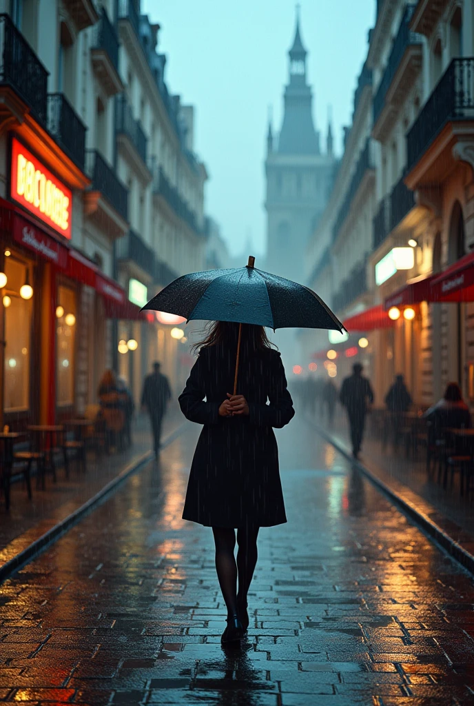 there is a person walking down the street in the rain, by Vincent Lefevre, martin raphael lacoste, by Fabien Charuau, by Raphael Lacoste, inspired by Raphael Lacoste, style of raphael lacoste, paris city, street of paris photography, by Raphaël Collin, cinematic paris, photorealistic streetscape, futuristic france