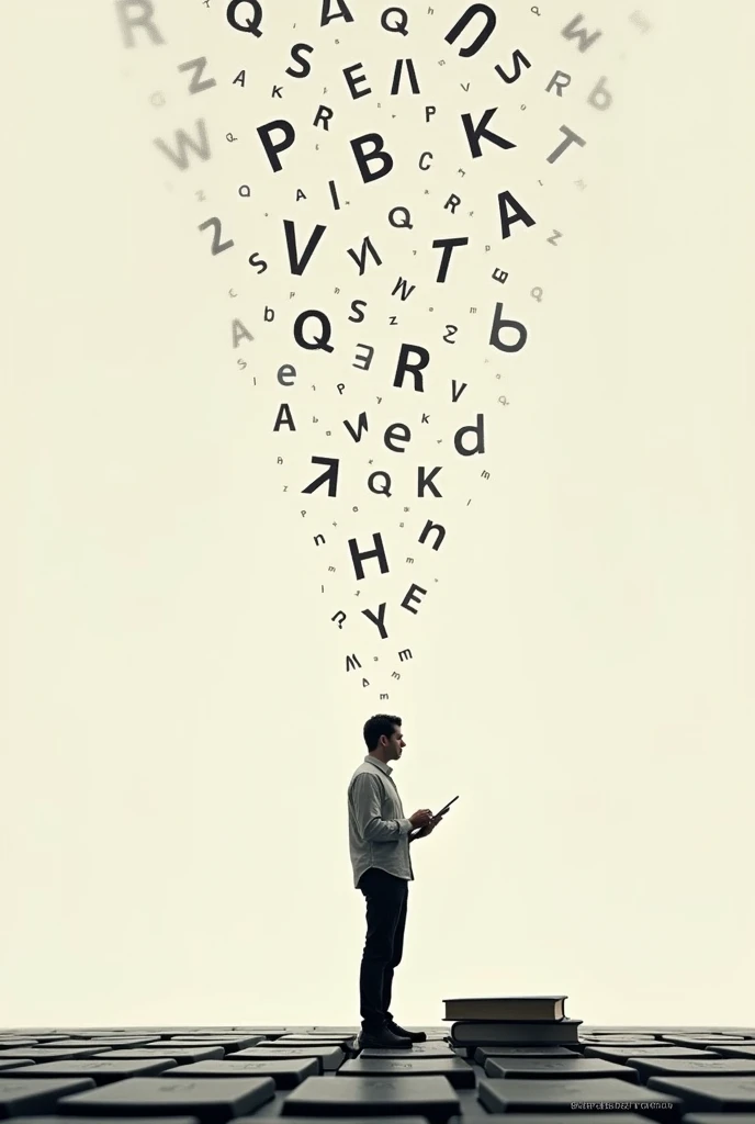 A complex image with a simple big meaning, letters falling on digital on a computer keyboard on a book, a man standing holding a tab