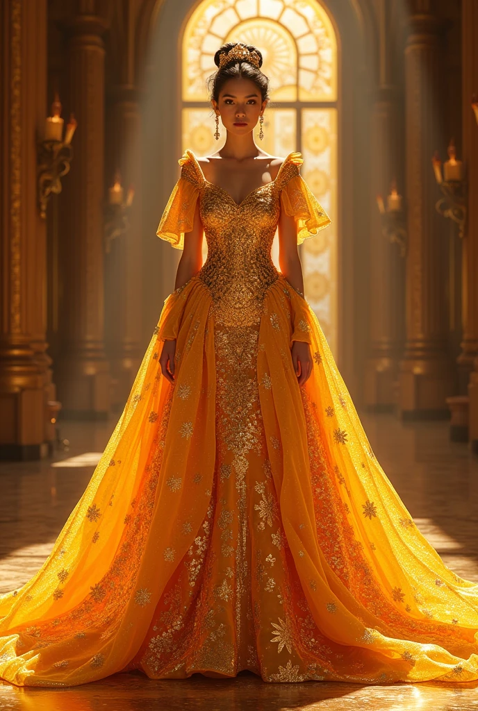 A sun themed royal big gown sparkly shimmery and BIG GOWN DRESS with the sun seal