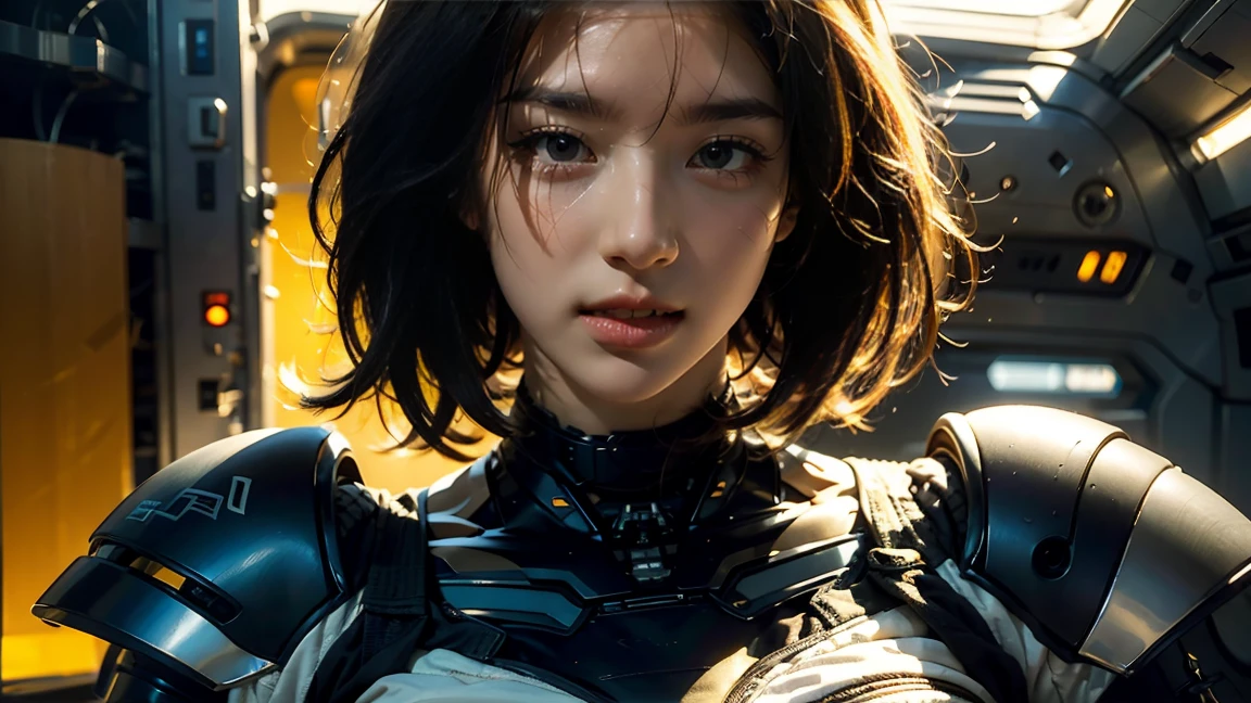 arafed image of a woman in a futuristic suit with a spaceship in the background, movie art, in front of an orange background, inspired by Robert McGinnis, female protagonist, megastructure in the background, portrait of an ai astronaut, astronauts, an astronaut, portrait of a astronaut skeletor, perfect android girl, frank franzzeta and sakimichan