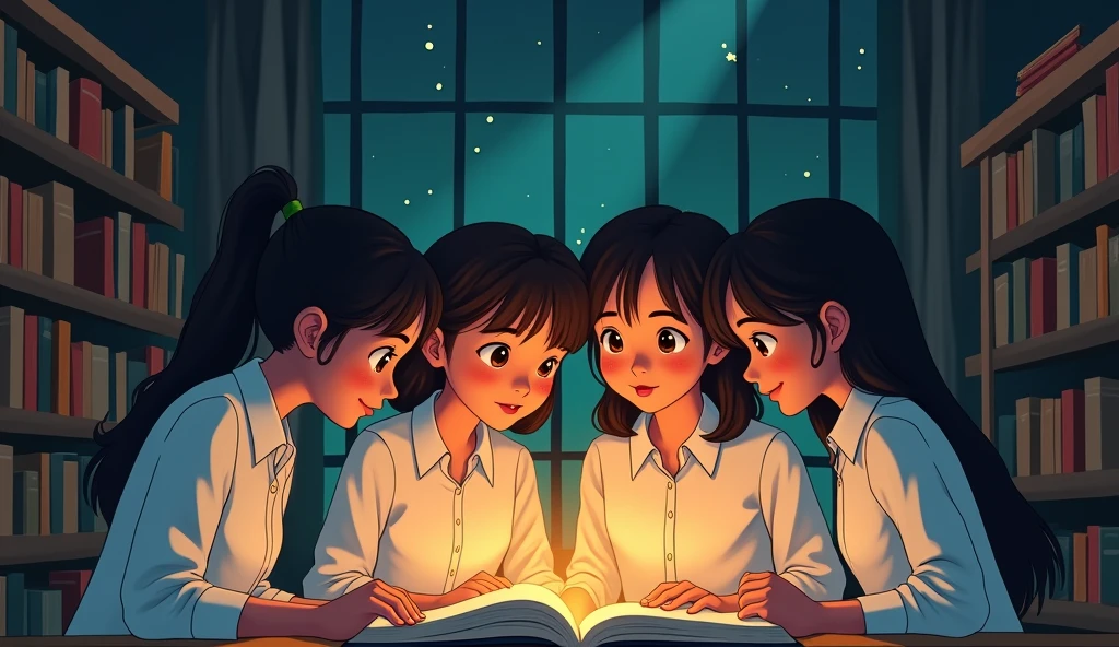 Cartoon 2d, A group of students wearing white shirts gathered in a dimly lit library, their faces illuminated by the warm glow of the reading lamps. They whisper secrets about a mysterious, hidden garden within the university grounds.