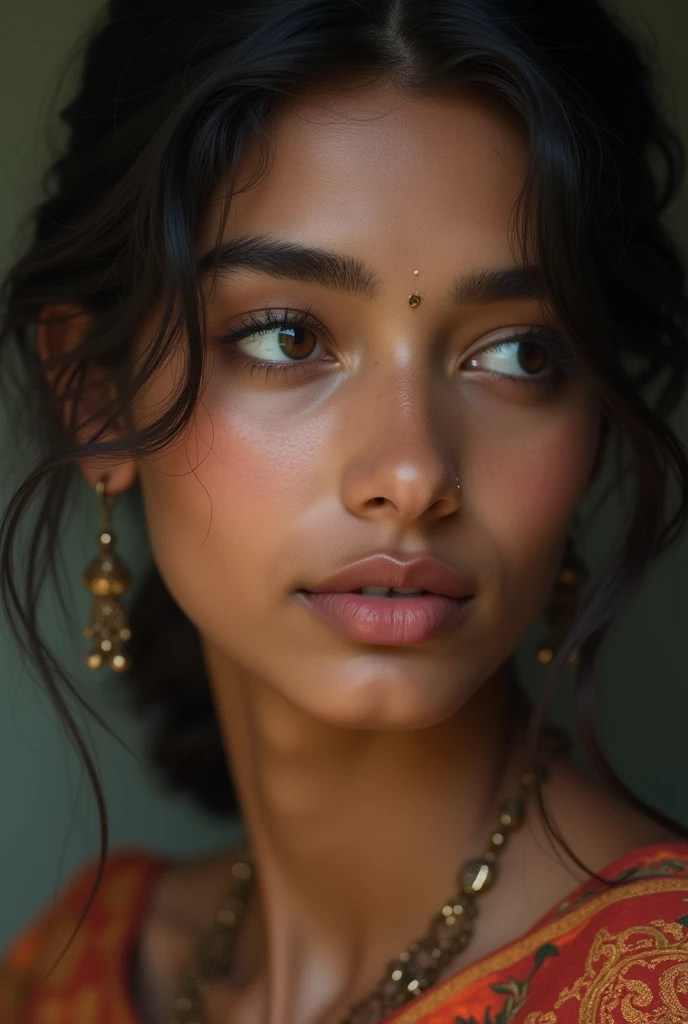 A white skin indian girl with big eyes looking lift side to the camera
