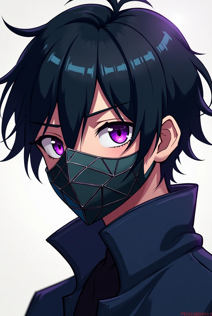 2D anime boy with black hair and purple eyes and mask