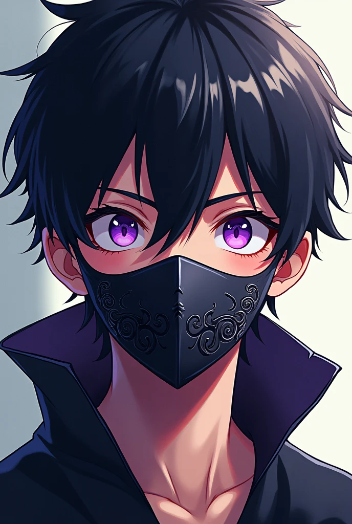 2D anime boy with black hair and purple eyes and mask