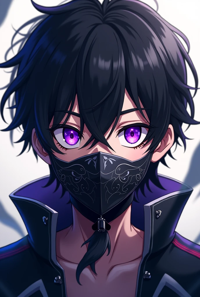 2D anime boy with black hair and purple eyes and mask