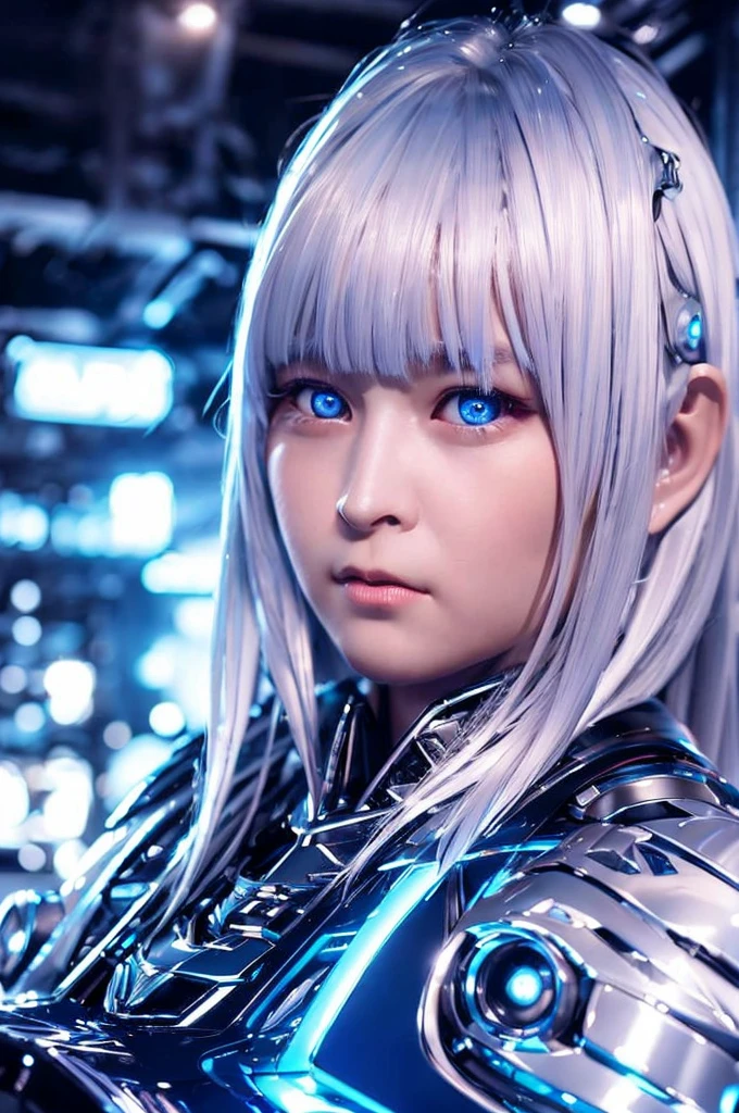  A girl with silver hair and silver eyes、Wide-angle shot, 1 female, Mecha, Glowing blue-black eyes, Very cute face, (Realistic:1.37), バイオMechaニカル, Spaceship interior bokeh background, Ultra-realistic, Very detailed, Very intricate details, Beautiful woman in focus、