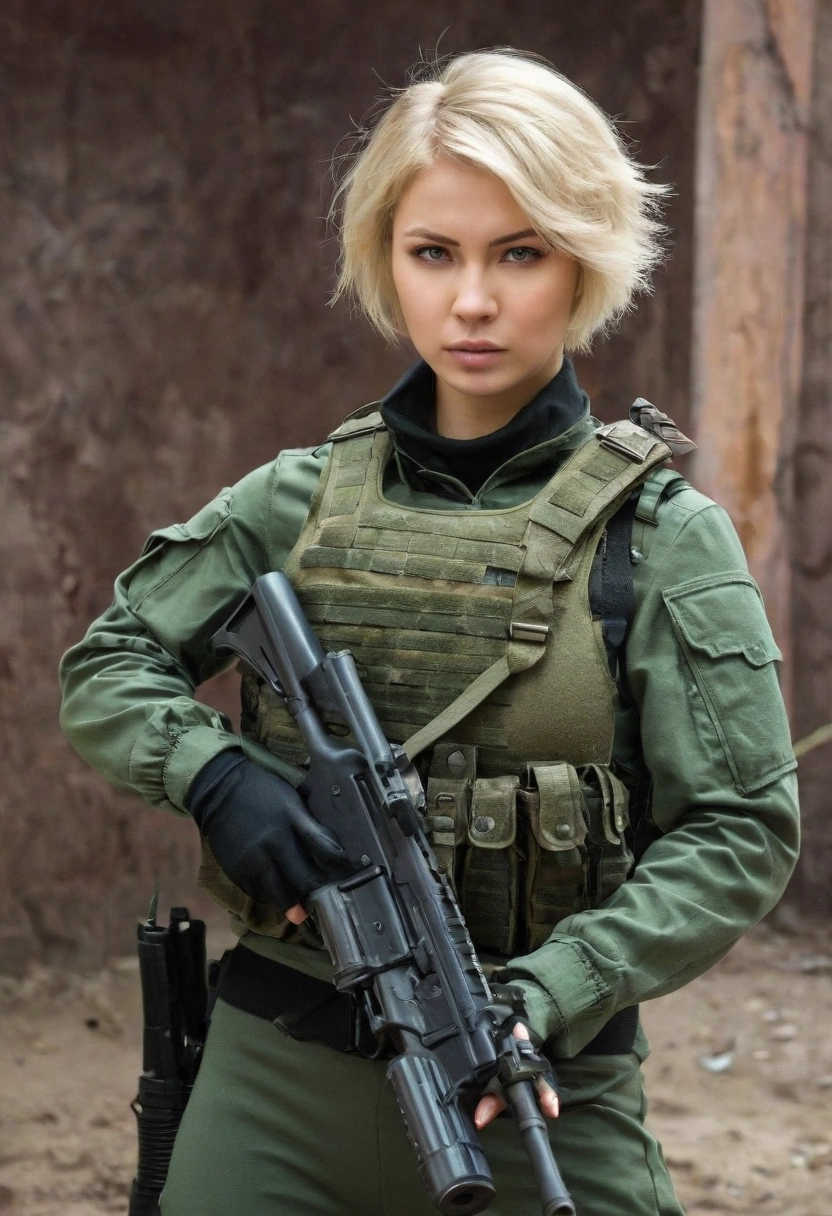 Russian, blond short hair, beautiful military girl, with a big breast, shoot with a gun and run