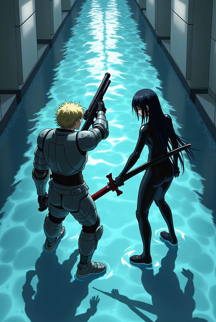 The image is anime style with shadows and dim lights, anime style although somewhat adult and dark, It shows a scene of a wide street with white walls., and whose soil, It&#39;s like crystal clear water, which perfectly reflects what happens on its surface. On that street a man with medium-length blond hair is fighting, wearing armor on his arms and holding a gun., against a single android with black eyes and long black hair and a latex suit holding two swords in her hands. The image is focused from above, so you can barely see the fighters in question.