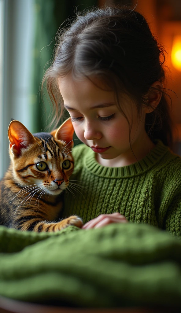 intricate detailed cat knitting green sweater, 1 girl watching, warm lighting, soft focus, hyperrealistic, 8k, photorealistic, high quality, masterpiece, stunning colors, dramatic lighting, beautiful atmospheric