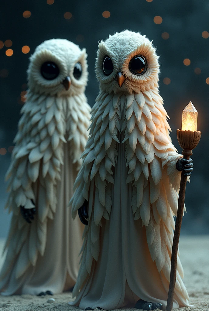 two humanoids with alien owl heads and large black eyes, the body is covered by a cloak of large feathers. One of them with a wooden staff with crystal on the end.
starry sky