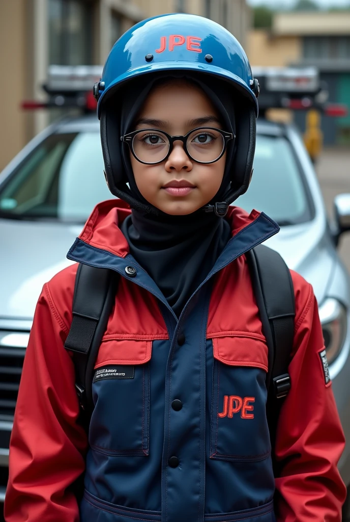 fat chubby girl with glasses wearing black hijab. using dark red and dark blue oil and gas coveralls, black backpack, blue helmet with JPE logo, font in red. modified silver honda jazz gk5 2018 background.