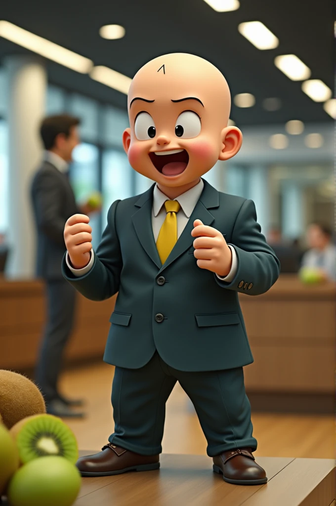 Krillin from Dragon Ball Z in his best pose dressed as a bank sales advisor, selling kiwis