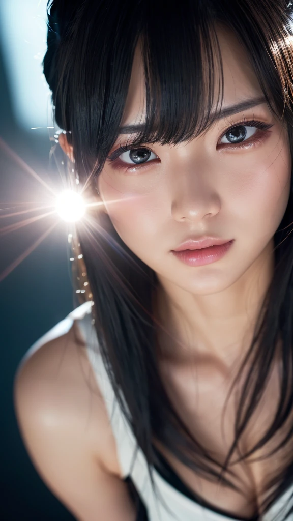 sexy、sex appeal、office、very long hair, asymmetrical bangs, topknot, longeyelashes, happy tears, Hyperrealism, cinematic lighting, wide shot, from above, lens flare, uhd, anatomically correct, super detail, best quality, highres, 8k