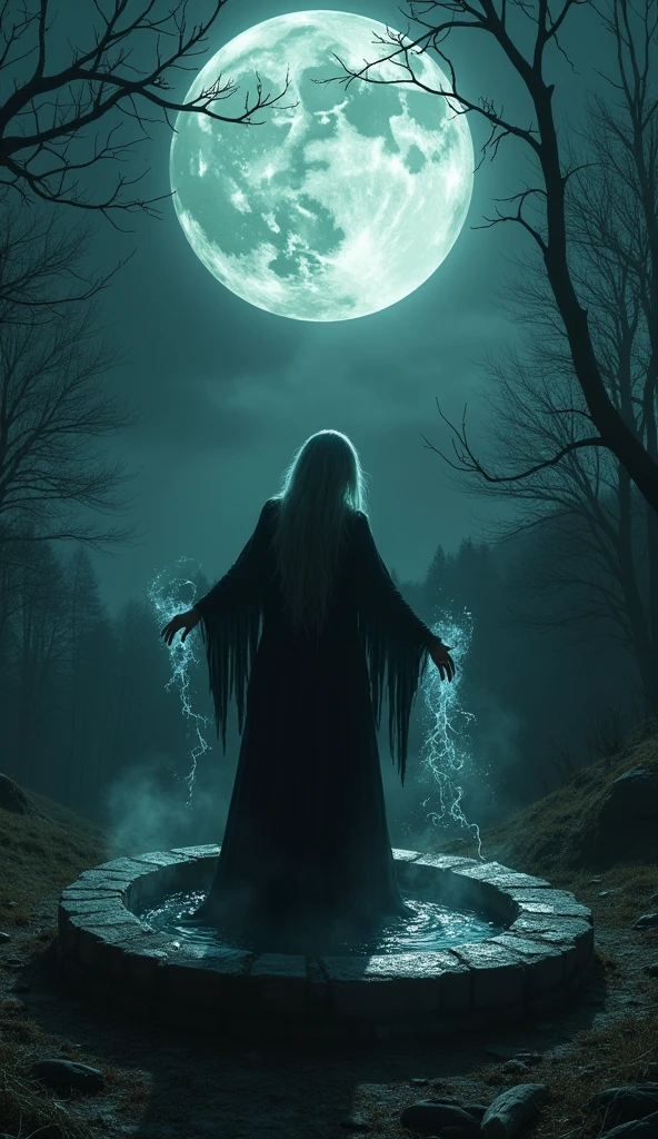 A well is a hole in the ground where a supply of water is kept. Night horror moon lady black magic image
