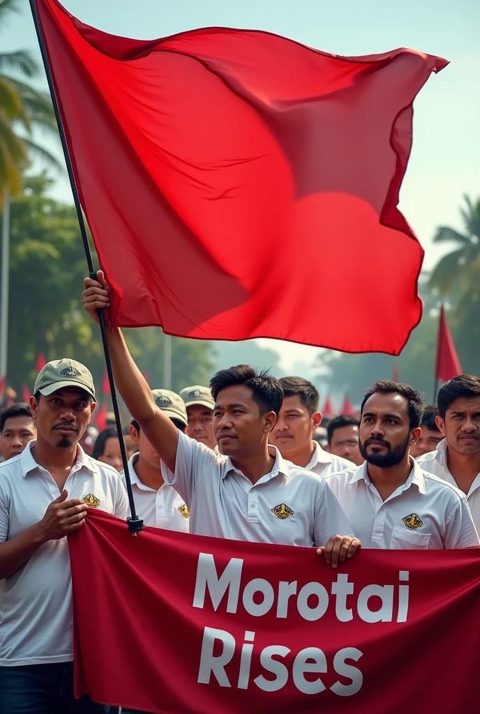 Men campaigning for the red flag that says Morotai Rises, white shirt that says "DG-Qu 24"