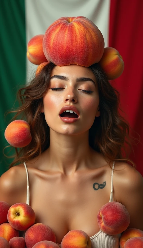 1 beautiful clothed Italian woman in her 30s。Facing forward、Mouth wide open。The expression is、Sexually lewd expression、Ecstatic expression、I feel a strong sense of ecstasy。The head is peeled、Wearing a large real peach。Hide your chest with clothes。There are peaches all around。Covered in peaches。Fully clothed。The background is in the colors of the flag