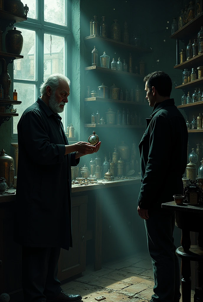   The interior of a dark and dusty pawn shop, with shelves full of antique objects. A man watches an elderly shop owner, who is holding the pocket watch with an enigmatic expression.
