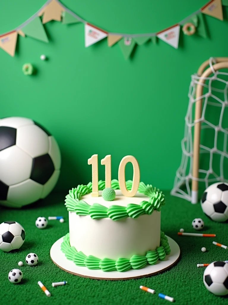 birthday cake in green and white colors with the word 110 written on it on a table decorated with a soccer  theme