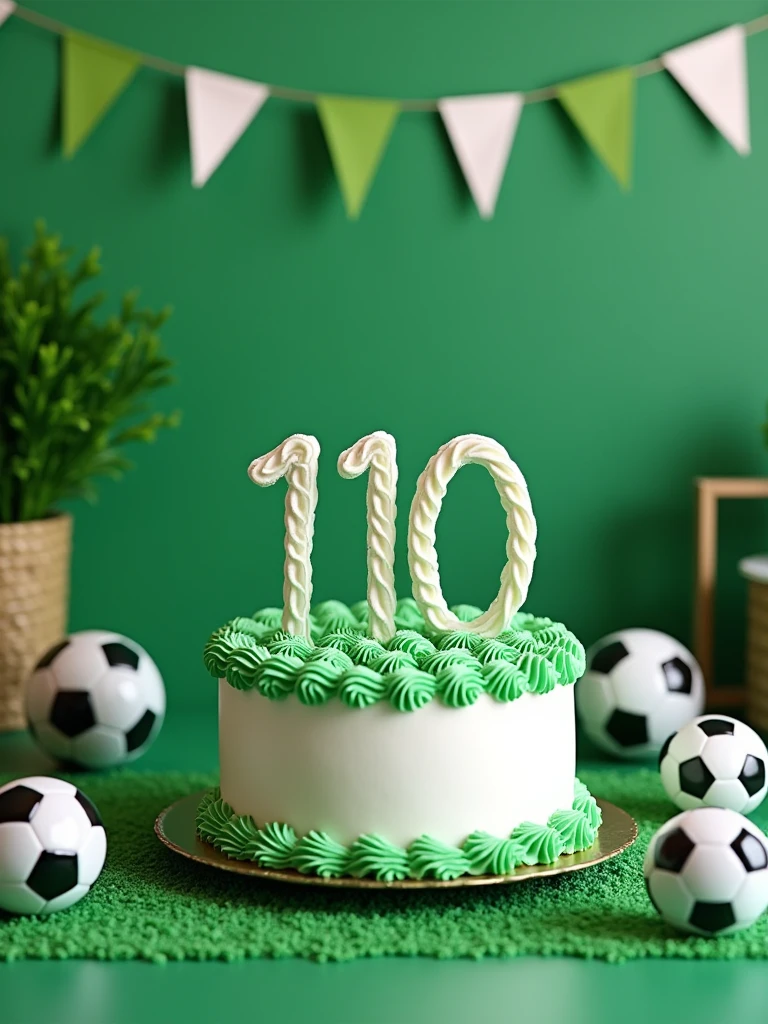 birthday cake in green and white colors with the word 110 written on it on a table decorated with a soccer  theme