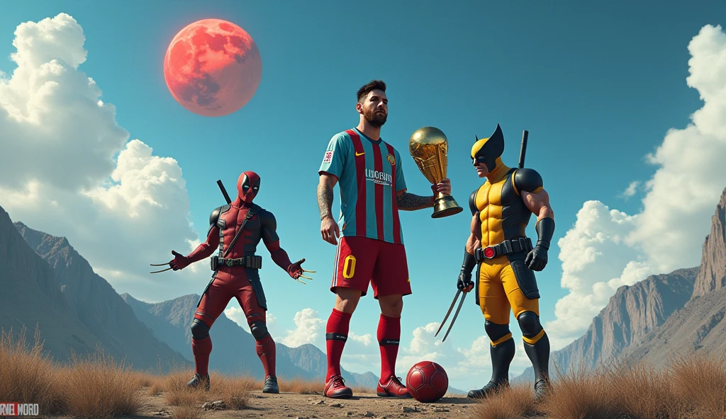 Generate an image showing Lionel Messi wearing the Argentina shirt next to the red Deadpool and the yellow Wolverine, The landscape must include an apocalypse or the end of the world and mountains in the background., under a blue sky with some fluffy clouds and a red moon . Messi must have the ball on his left foot and also have the World Cup in his right hand.. While Deadpool is doing funny poses as he knows how to do and Wolverine is next to Messi but not so close, about 50cm away and not so close