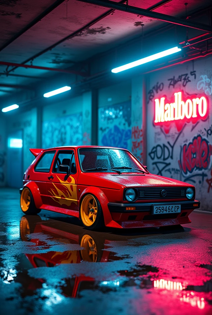 can u crate a golf 4 with bodykit and marlboro red design in a garage with neon blue and pink and the garage is all wet with graffiti design and yellow wheels
with flames