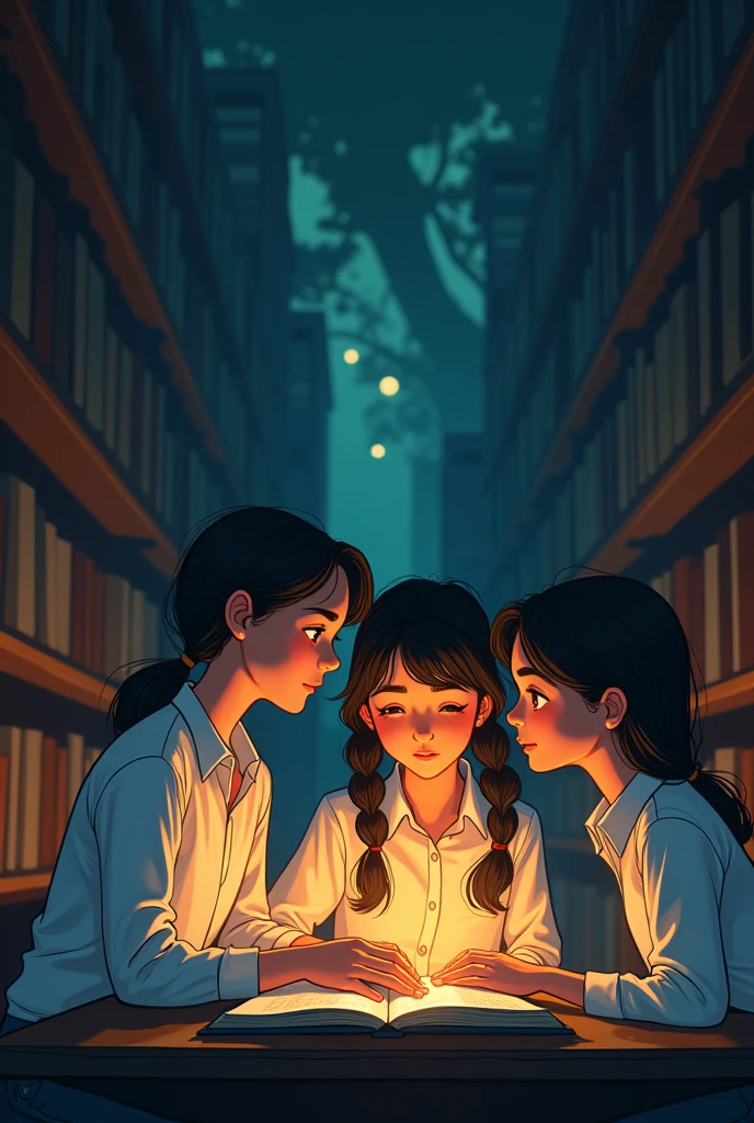 Cartoon 2d, A group of students wearing white shirts gathered in a dimly lit library, their faces illuminated by the warm glow of the reading lamps. They whisper secrets about a mysterious, hidden garden within the university grounds.