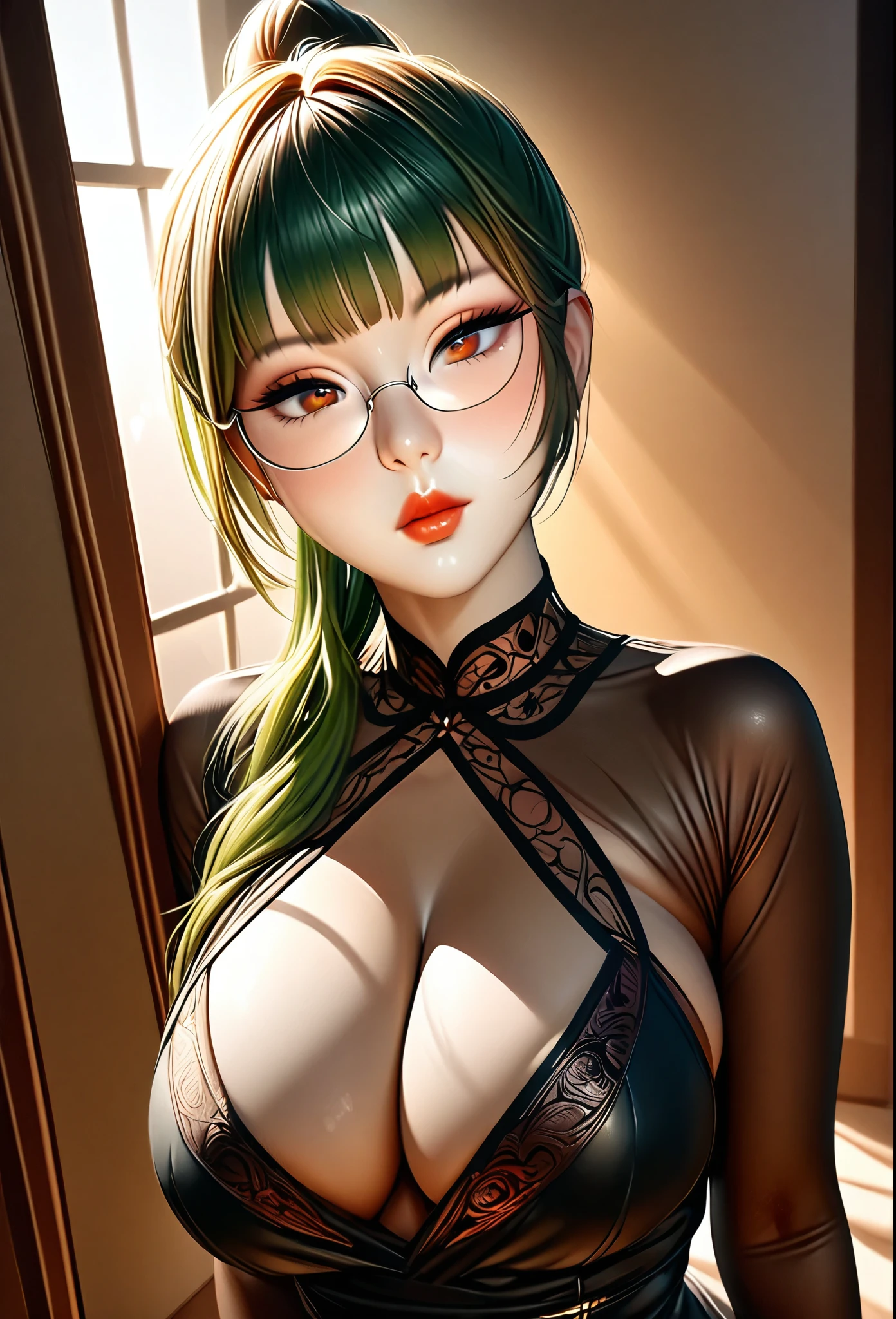 1girl, elegant erotic beautiful girl, big breasts, ((long green hair with pony tail and straight bangs)), glasses, maxi dress, adultery, indecent, vulgar, (best quality,4k,8k,highres,masterpiece:1.2),ultra-detailed,(realistic,photorealistic,photo-realistic:1.37),intricate details, delicate facial features, beautiful amber eyes, ulzzang, long eyelashes, small nose, full lips, porcelain skin, natural lighting, warm color palette, chiaroscuro lighting, dramatic shadows, sensual, alluring, mature themes, artistic, dreamlike, ethereal, sideboob, cleavage, looking at viewer, ulzzang, (amber eyes), (close up face portrait),
