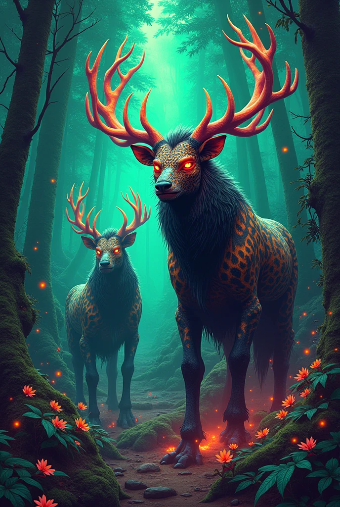 Indigenous forest gods, with vibrant colors and psychedelic background, in green and neon tones