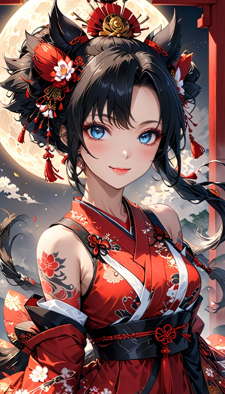 Ink painting, (((1 girl))), (((Tattoo in the middle of the forehead))),(((In the background is the Akatsuki moon))), (((Oiran))), (((Great hair accessories))), Demon possession, ((Masterpiece:1.2)), ((Highest quality)), Extremely detailed and delicate illustration style, Detailed leather texture, Detailed canvas texture, Very detailed description, (Masterpiece T), Extremely beautiful illustration, Highly detailed face, Raw image, professional, Ultra-high resolution panel, Complex details, Superior detail, Intricate decoration details, Perfect anatomy, real, figure、Blush,He smiles、Red poetry、long hair、usual clothes、Combat uniform、Visible collarbone、Beautiful feet、usual hairstyle、Highest quality, High accuracy, Unity wallpaper 8k, (figure:0.8), (Beautiful and beautiful eyes:1.6), Highly detailed face, Perfect lighting, Highly detailed CG, (Perfect hands, Perfect anatomy),