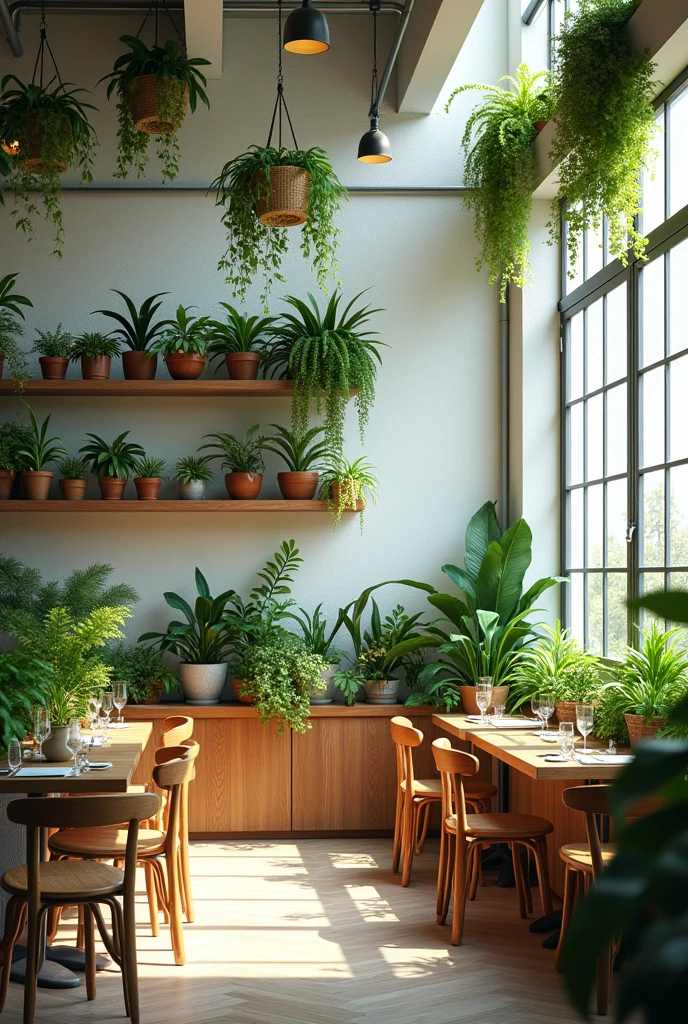Draw the interior rendering of a plant-themed cafe transformed from an old factory,The walls are white
