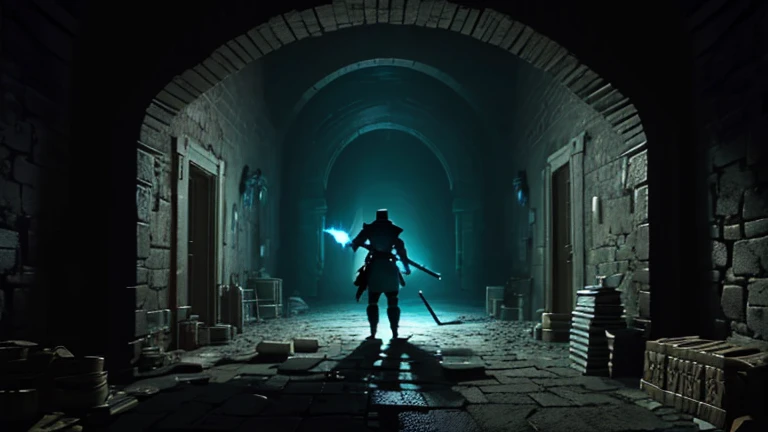 Foreground:

The silhouette of the main character standing at the entrance of a deeper, darker part of the dungeon, holding a torch in one hand and a sword in the other.
The character should appear determined, ready to venture into the unknown.
Scattered bones and broken barrels around the entrance, emphasizing the danger ahead.