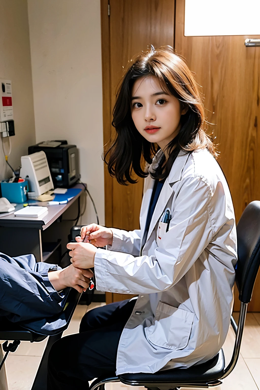 Image of a female doctor and a male patient,Examination room、Sit on a chair、Examining、Taking a male patient's blood pressure、Wear a doctor's uniform,realisticlying,dynamic lights,Brush cut,Thin stature,cleavage,high detal,tack sharp focus,Taking a male patient's blood pressure