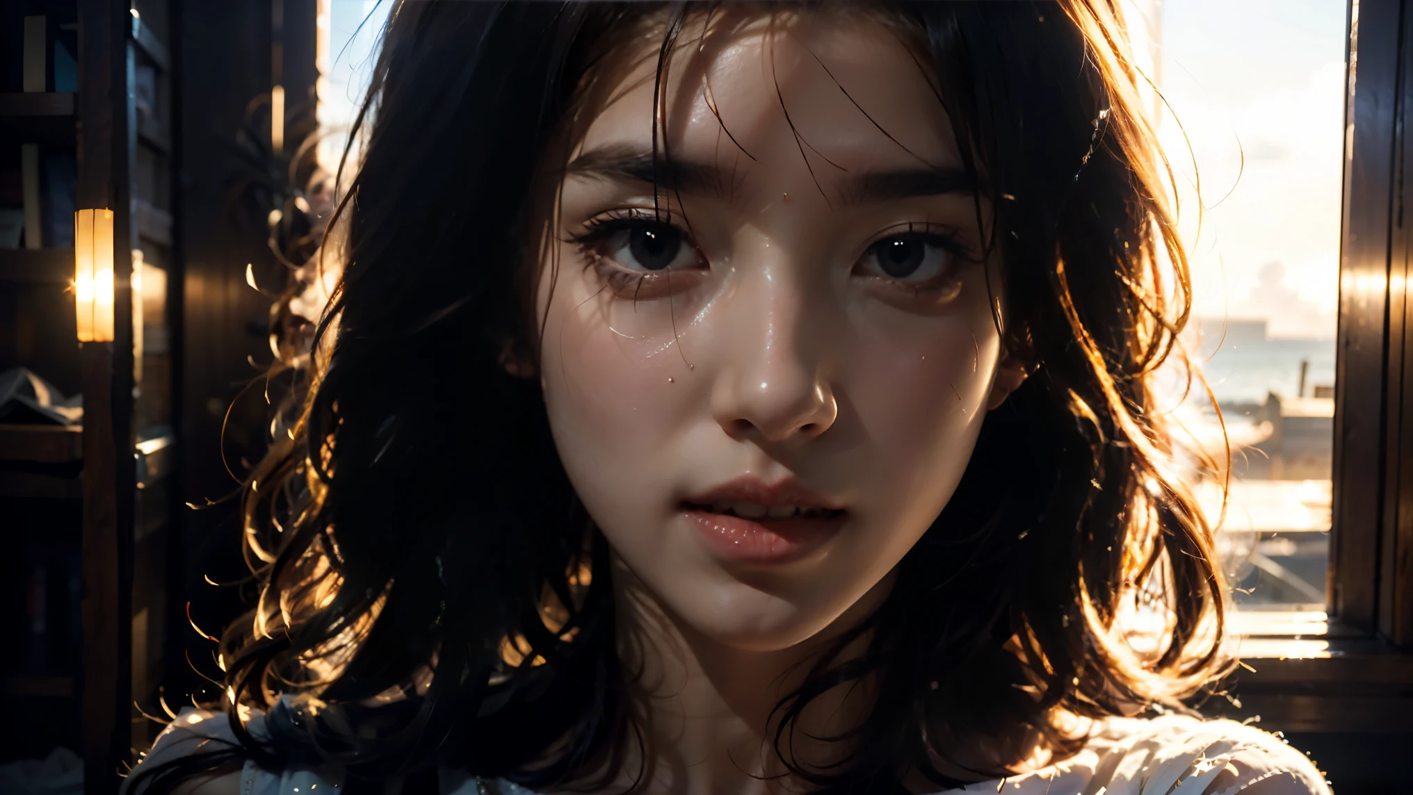 a beautiful girl crying, tears streaming down her face, soulful expression, long wavy hair, delicate features, lace dress, broken glass, shattered heart, dimly lit, muted colors, cinematic lighting, portrait, emotional, dramatic