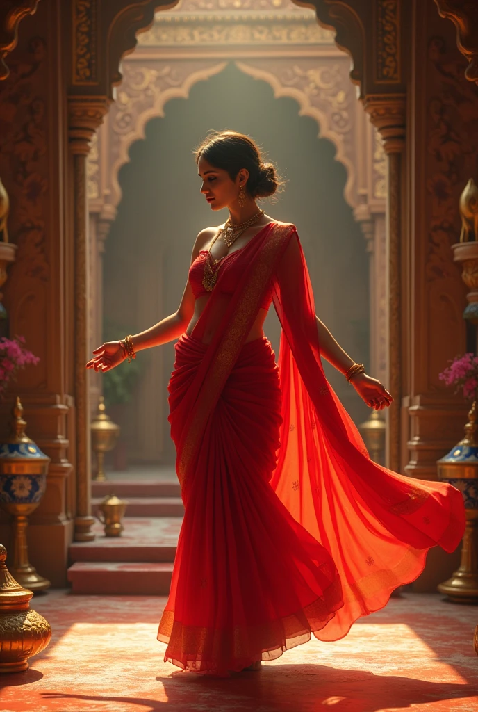 A mother wearing red saree, dancing in pooja room, navel visible