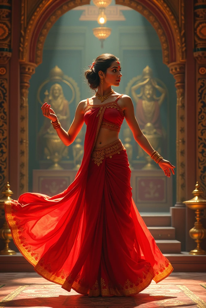 A mother wearing red saree, dancing in pooja room, navel visible