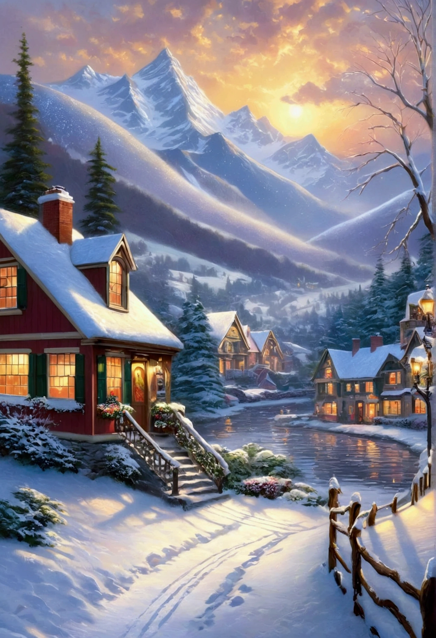 Snow Scenery, by thomas kinkade, (best quality, masterpiece, photorealistic), very aesthetic, perfect composition, intricate details, ultra-detailed, vivid colors