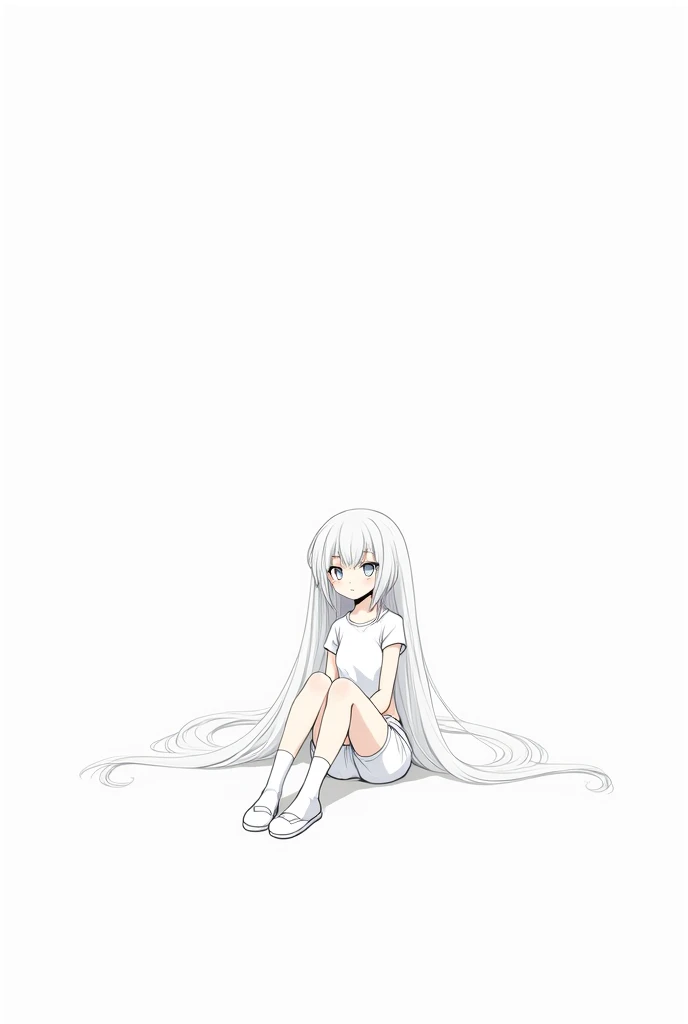 Lineart image of a girl sitting in the middle of a blank background Wearing high socks long white hair, white skin, white clothes, white shoes, white background line art.No colors anime feature details shorts crop top sitting apply respective. Manga style