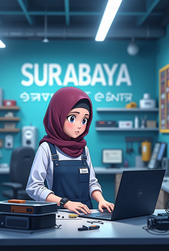 Anime 3D Good Technical Room with big text "Surabaya Service Center" in the wall 
With a hijabi technichian in front of the laptop and beside many part hold the screw driver for repair broken mini printer