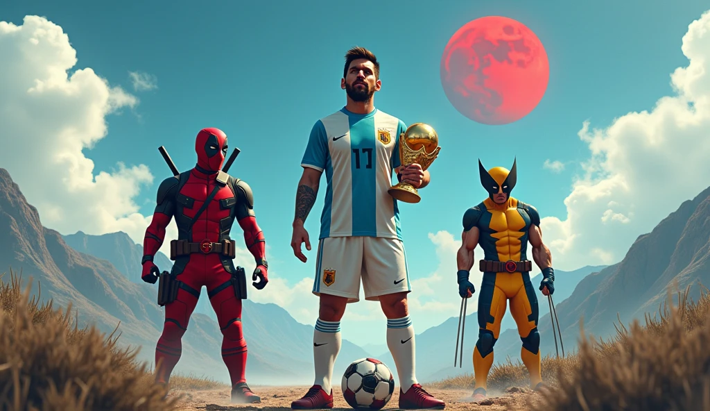Generate an image showing Lionel Messi wearing the Argentina shirt next to the red Deadpool and the yellow Wolverine, The landscape must include an apocalypse or the end of the world and mountains in the background., under a blue sky with some fluffy clouds and a red moon . Messi must have the ball on his left foot and also have the World Cup in his right hand.. While Deadpool is doing funny poses as he knows how to do and Wolverine is next to Messi but not so close, about 50cm away and not so close