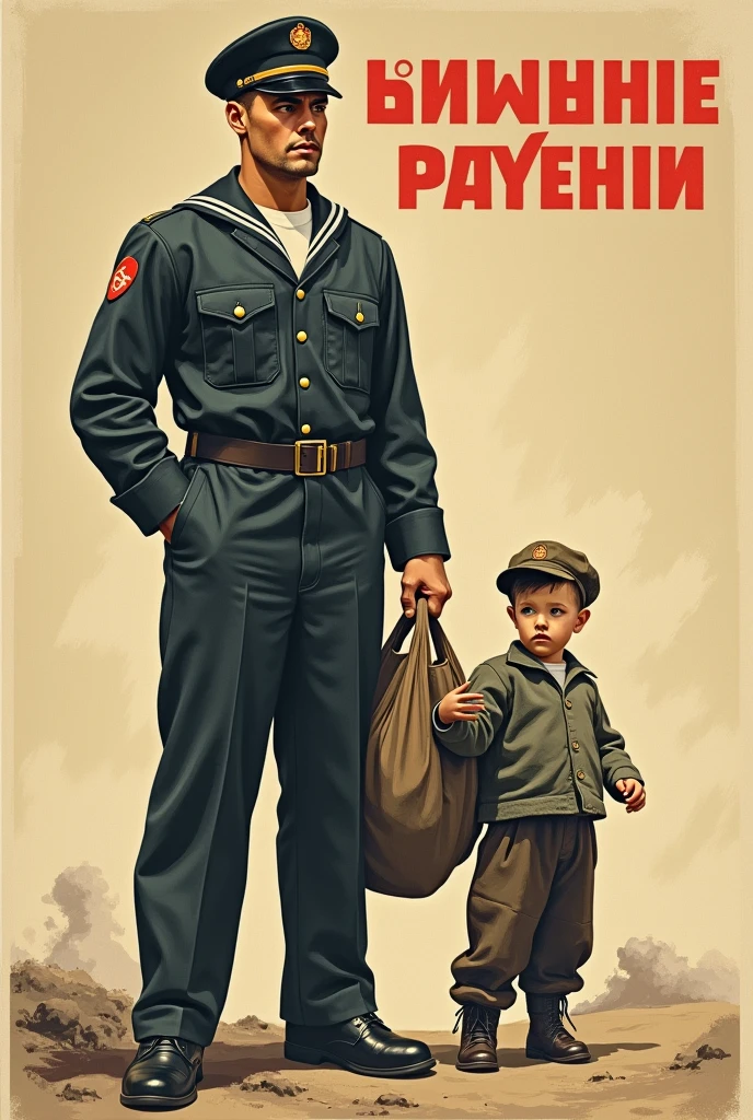 The poster shows a sailor and a boy，The boy holds a bag in his hands。, publicity艺术, A recruitment poster, publicity海报, communist publicity海报, Artworks by Hoang Tuong, publicity风格, Old war poster, 1940s publicity海报, 苏联publicity画, soviet publicity艺术, ww 2 publicity海报, publicity, soviet publicity海报