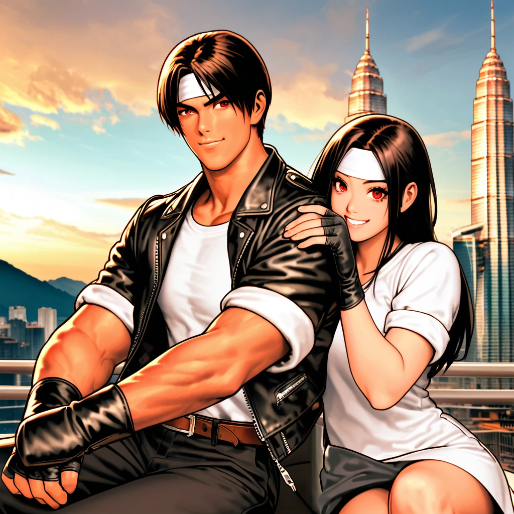 Orochiquillo, dark skin, couple, two people, man and woman, red eyes, ((black leather jacket with rolled up arms)), fingerless gloves, black hair, white t-shirt, ((white headband)), black pants, white shoes, brown belt, handsome, shot, charming, masterpiece, high resolution, detailed face, fine grain, daylight, cloudy, confident smile, with lover, Petronas Twin Towers, Malaysia, dining on terrace, drinking cocktail in cocktail glass, same dress and hairstyle for both sexes, holding glass, toothy smile, sitting cross-legged