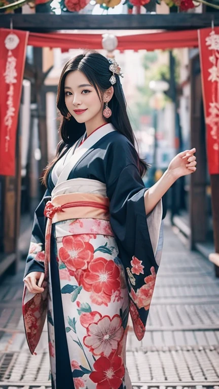 (SeaArt creates stunning illustrations of beautiful women in kimono)、Vividly colored Japanese Ukiyo-e style illustrations、A beautiful woman smiles and shows her upper white teeth、Brown-black long hair、Beautiful full body style、If you want to dance, let's dance, Tokyo Ondo, Yoi Yoi、Beautiful new digital paintings,、Bright vibrant digital anime art、 Beautiful anime portraits、background,Torii gate front of Japanese shrine、 Detailed digital anime art、