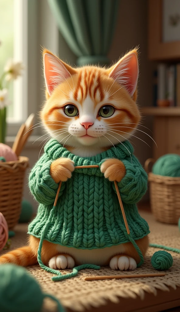 Cat is knitting a green colour sweater